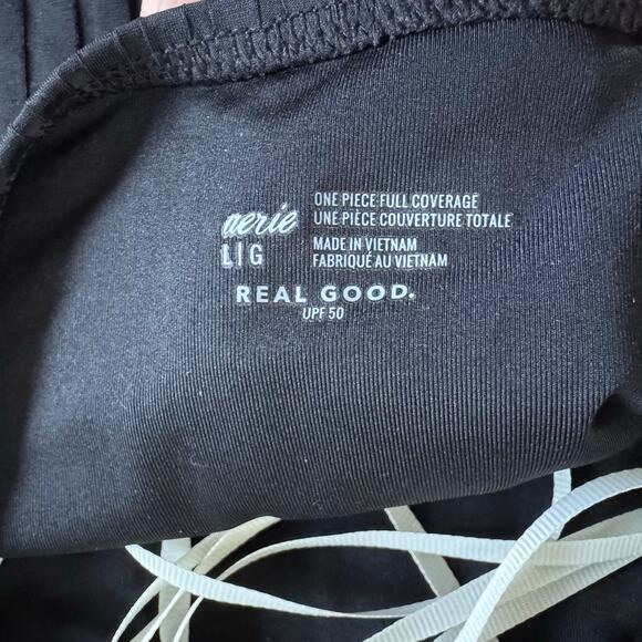 Aerie Womens Black Ribbed Cut Out Ring One Piece Monokini Swim Suit Size Large - Picture 10 of 12